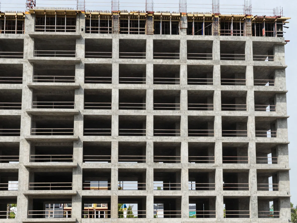Documentary wide photograph of a multi-storey concrete building under construction in natural daylight, clean structural