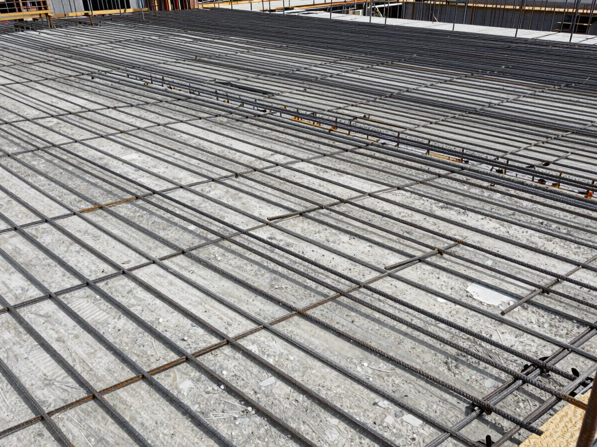Close architectural detail of exposed steel reinforcement and formwork on a concrete slab, natural daylight, honest mate