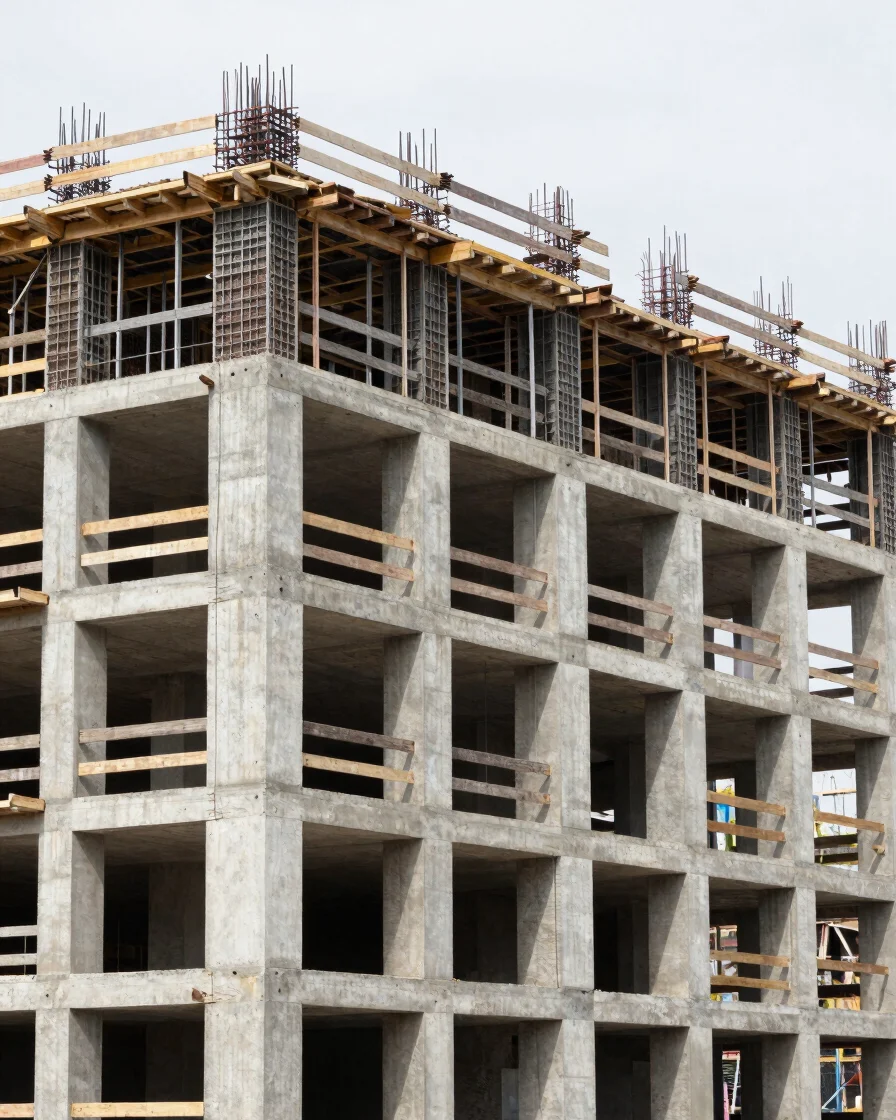 Documentary construction photography of a building exterior in progress, neutral concrete and steel tones, natural dayli