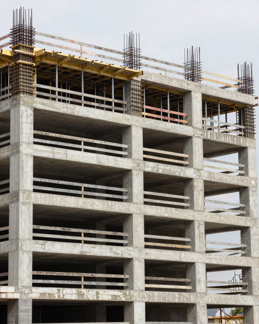 Documentary construction photograph of a building exterior in progress, concrete and steel frame visible, natural daylig