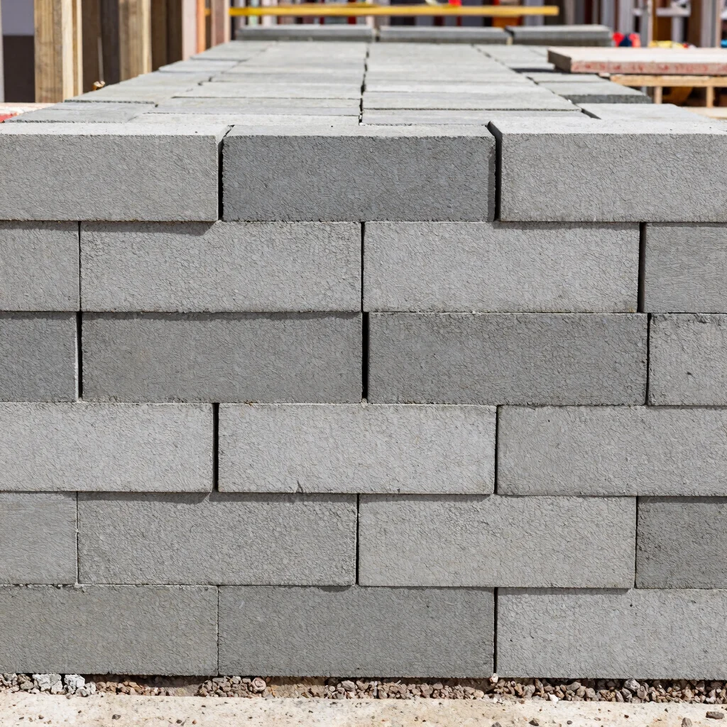 Documentary construction photography, natural daylight: close detail of masonry courses being laid, honest material colo