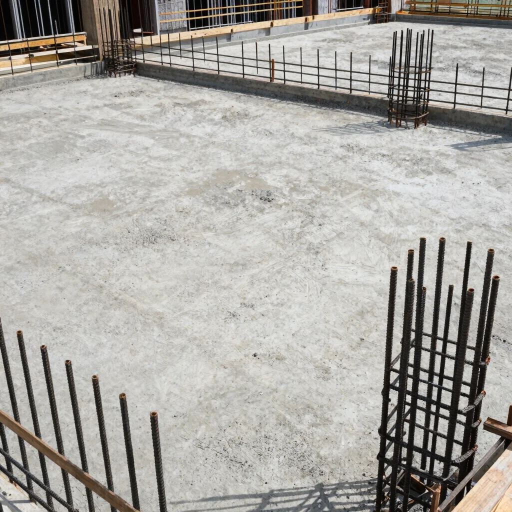 Documentary construction photography, natural daylight: steel reinforcement bars and formwork before a concrete pour, st