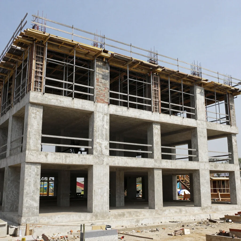 Documentary construction photography, natural daylight: exterior of a building partway through construction, scaffolding