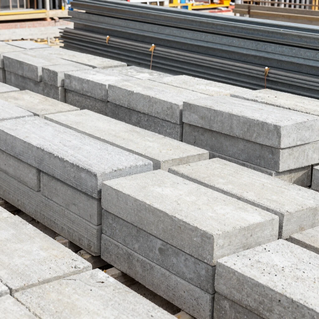 Documentary construction photography, natural daylight: stacked construction materials on a site, orderly handling of bl