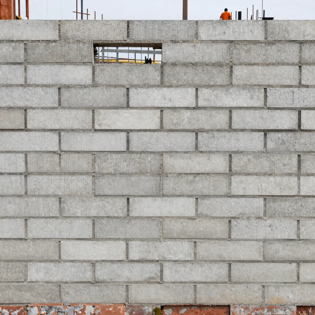 Documentary construction photography, natural daylight: close view of a brick or block wall being built, precise bond pa