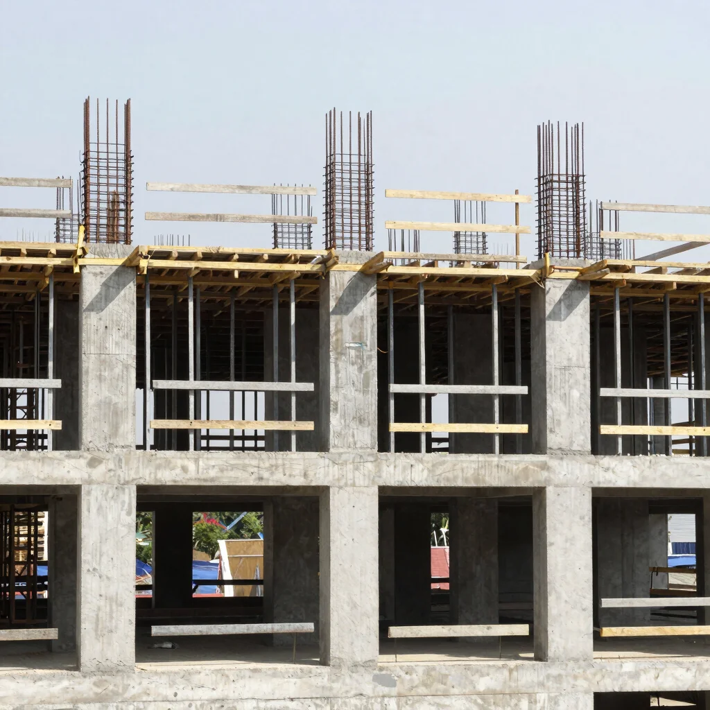 Documentary construction photography, natural daylight, 35mm lens: a reinforced concrete frame of a building under const